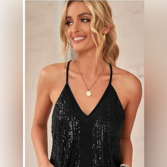 Black Sequin Cami Tank Top Size S 🖤 - Picture 2 of 14